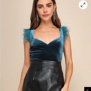 Lulu’s Teal Velvet Top with Feather Accents